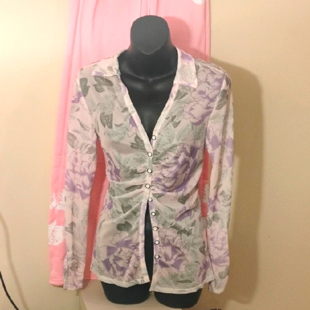 New! Floral Sheer Button-Up Blouse